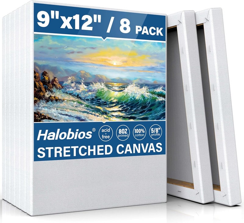 Halobios Stretched Canvases for Painting, 8 Packs 9X12 Inch Canvases for Acrylics,Oils & Other Painting Media, 5/8 Inch Profile 100% Cotton Primed Artist Framed Canvas - Image 1